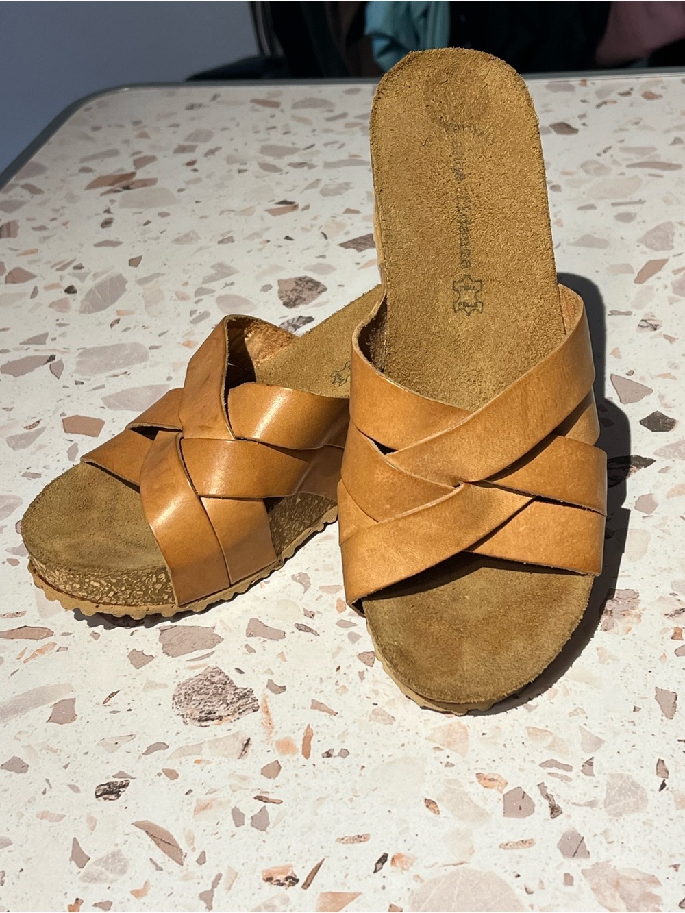 Women’s Tan Wedge Slide Sandals with Braided Leather Straps Size 7.5